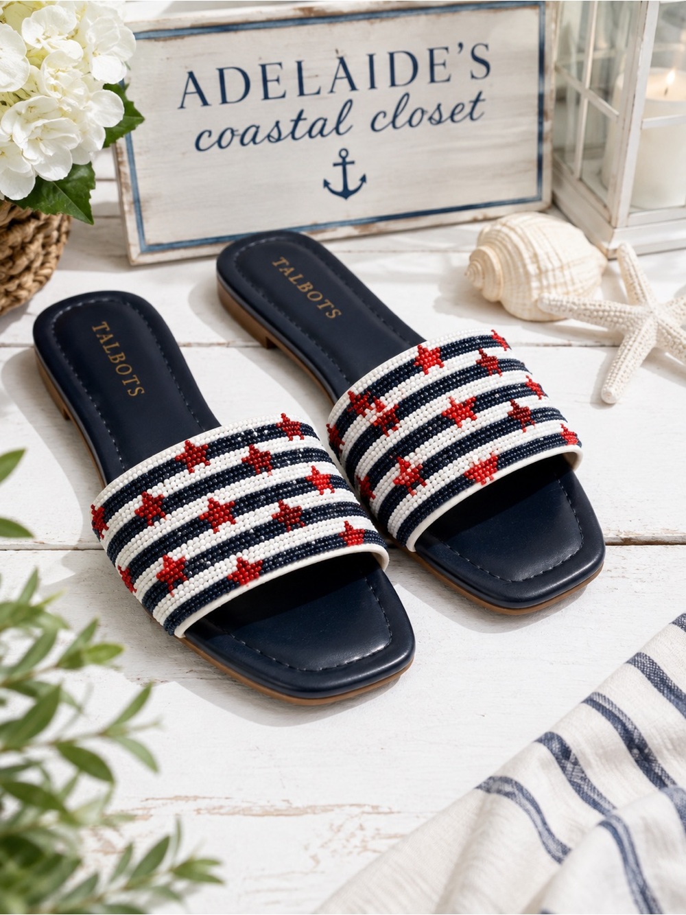 Talbots Liana Americana Seed Bead Slide Sandals Indigo Blue 9.5M